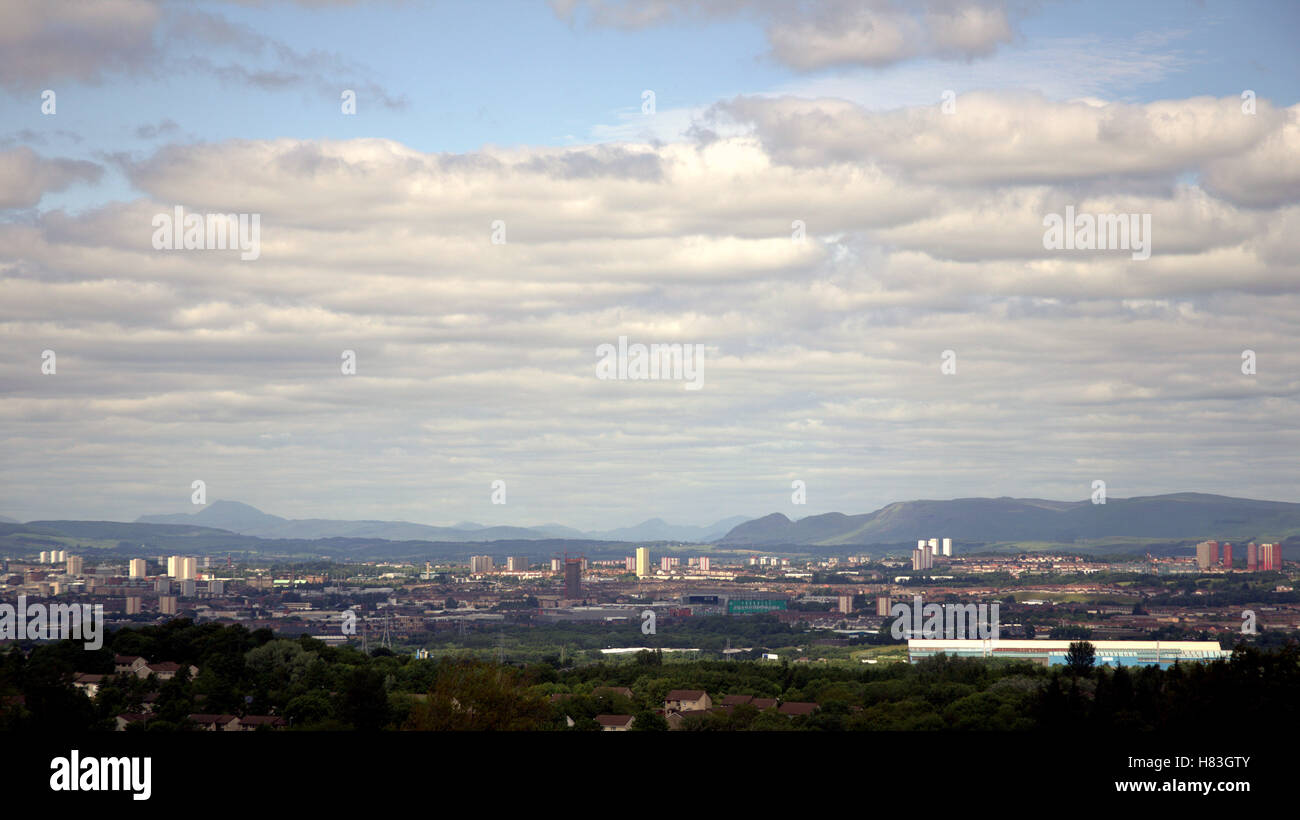 Aerial view of Glasgow and the west from Cambuslang with fields in the