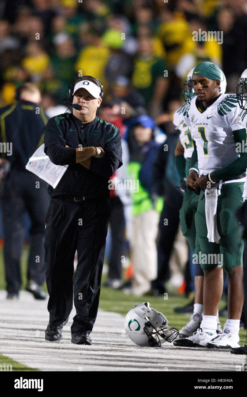 November 13, 2010; Berkeley, CA, USA;  Oregon Ducks head coach Chip Kelly on the sidelines against the California Golden Bears during the fourth quarter at Memorial Stadium. Oregon defeated California 15-13. Stock Photo