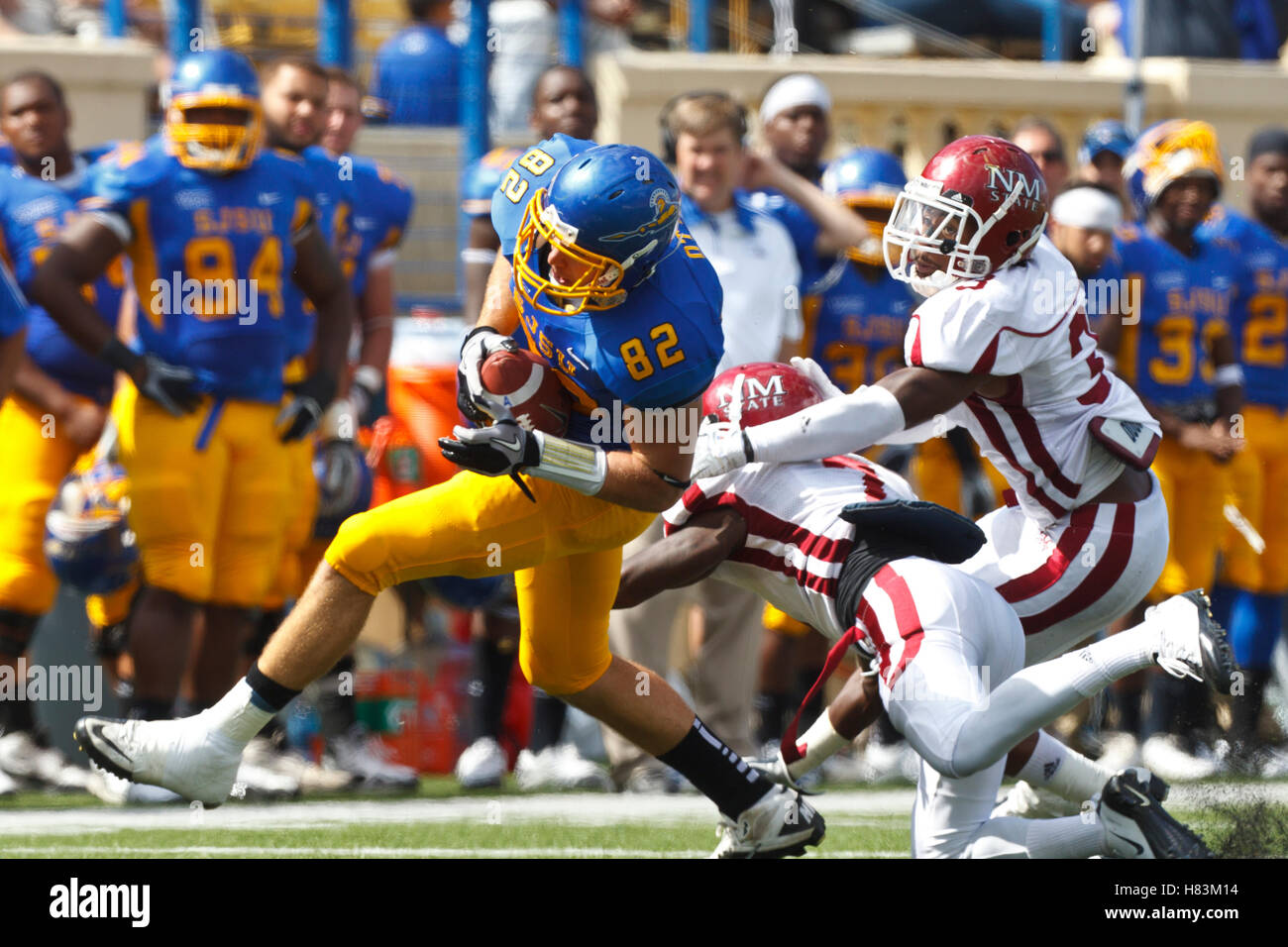 September 24, 2011; San Jose, CA, USA; San Jose State Spartans tight end Ryan Otten (82) catches a pass in front of New Mexico State Aggies defensive back Courtney Viney (7) and safety Donyae Coleman (3) during the second quarter at Spartan Stadium. Stock Photo