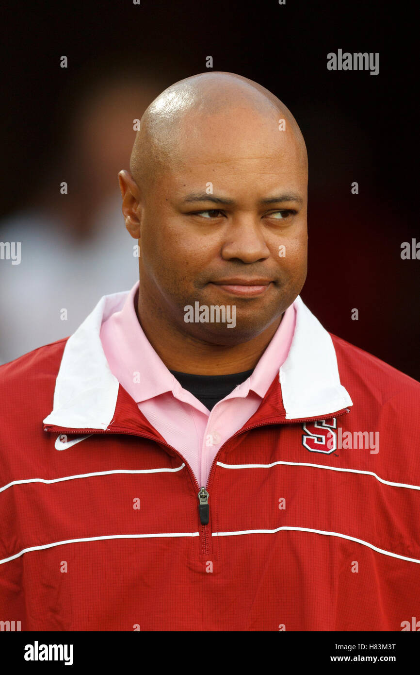 Oct 1, 2011; Stanford CA, USA;  Stanford Cardinal head coach David Shaw enters the field before the game against the UCLA Bruins at Stanford Stadium. Stock Photo