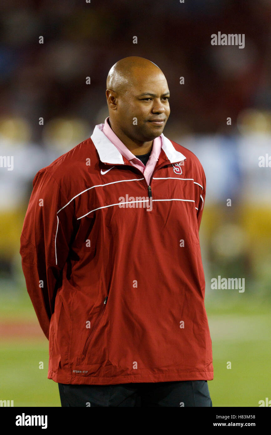 Oct 1, 2011; Stanford CA, USA;  Stanford Cardinal head coach David Shaw on the sidelines before the game against the UCLA Bruins at Stanford Stadium. Stock Photo