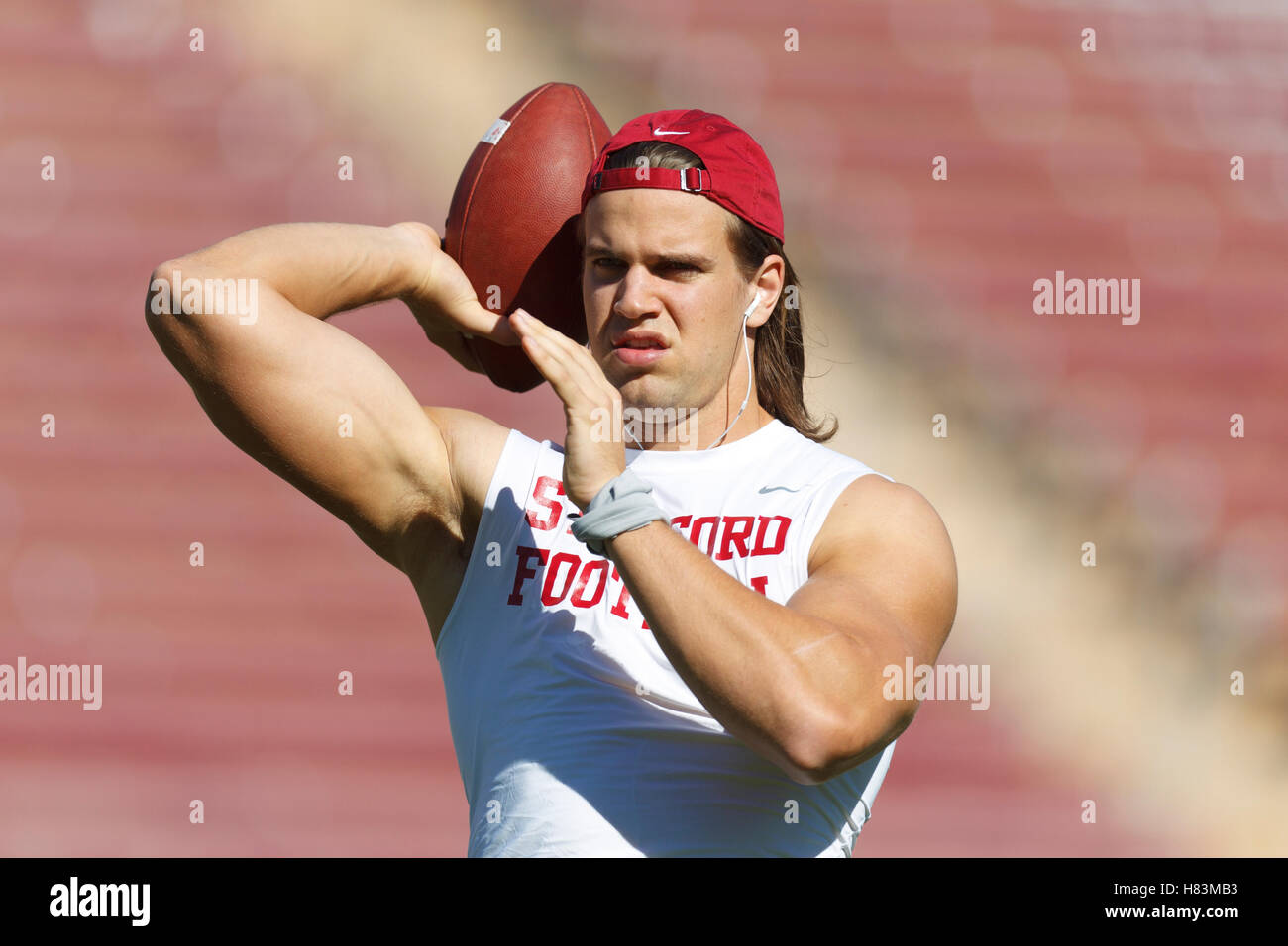 Oct 8, 2011; Stanford CA, USA;  Stanford Cardinal tight end Coby Fleener (82) warms up before the game against the Colorado Buffaloes at Stanford Stadium. Stock Photo