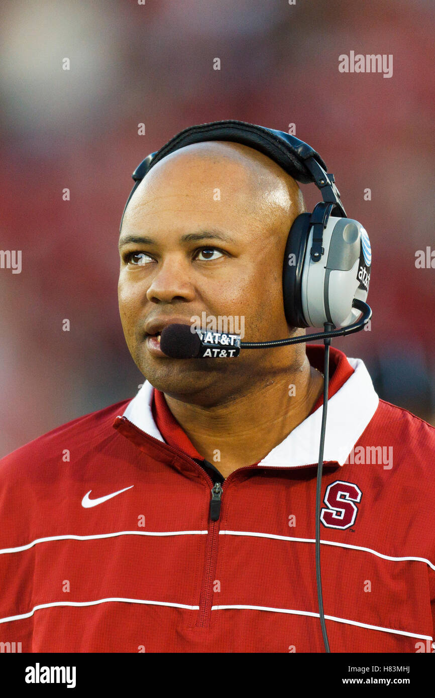 Oct 8, 2011; Stanford CA, USA;  Stanford Cardinal head coach David Shaw on the sidelines against the Colorado Buffaloes during the third quarter at Stanford Stadium. Stock Photo