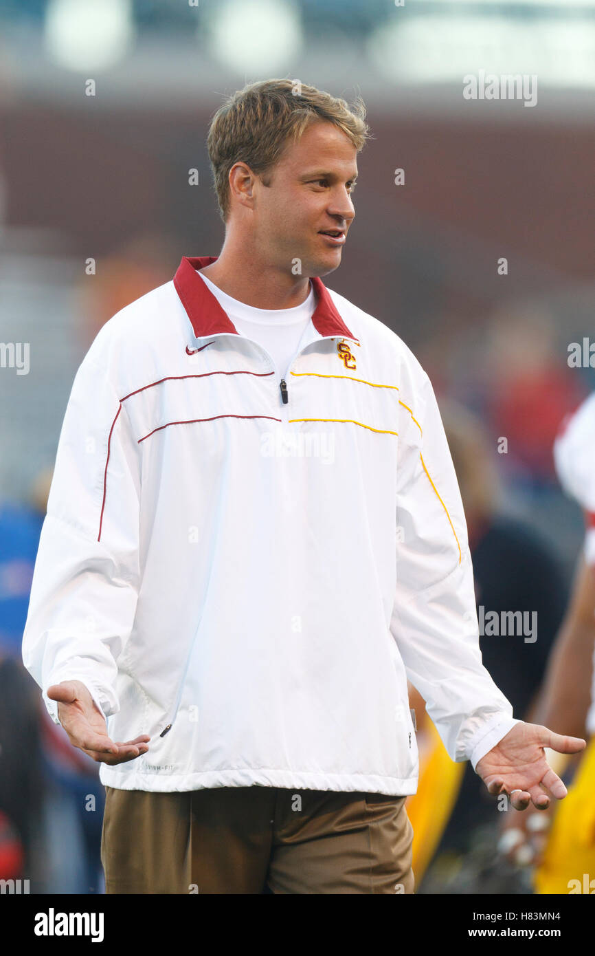 Oct 13, 2011; San Francisco CA, USA;  Southern California Trojans head coach Lane Kiffin watches his team warm up before the game against the California Golden Bears at AT&T Park.  Southern California defeated California 30-9. Stock Photo