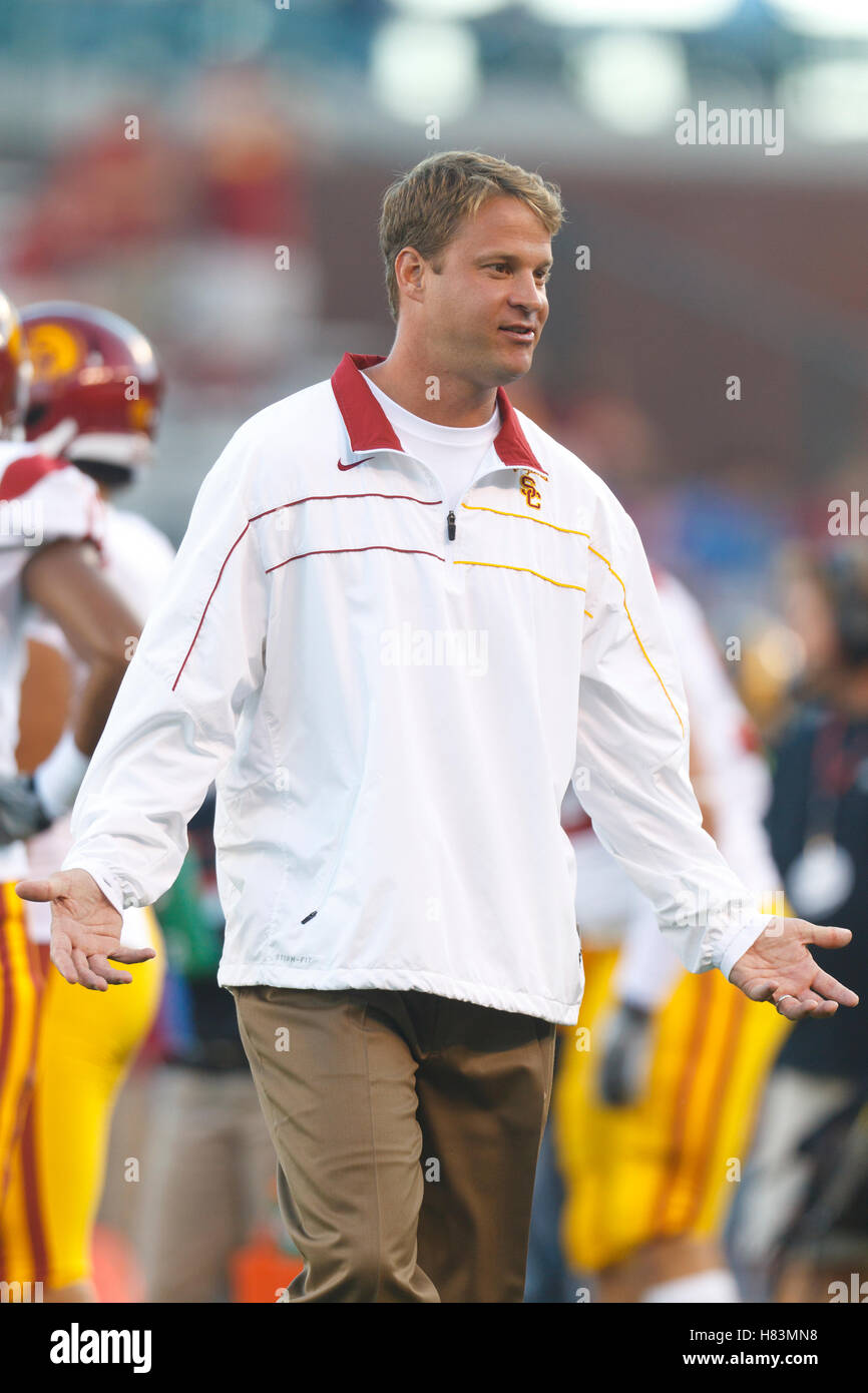 Oct 13, 2011; San Francisco CA, USA;  Southern California Trojans head coach Lane Kiffin watches his team warm up before the game against the California Golden Bears at AT&T Park. Stock Photo
