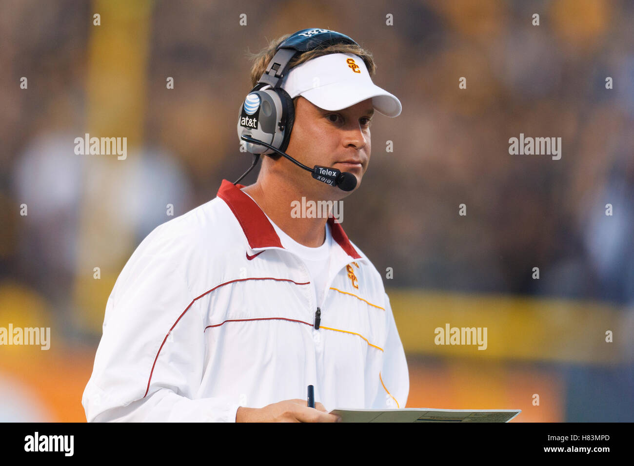 Oct 13, 2011; San Francisco CA, USA;  Southern California Trojans head coach Lane Kiffin on the sidelines against the California Golden Bears during the first quarter at AT&T Park. Stock Photo