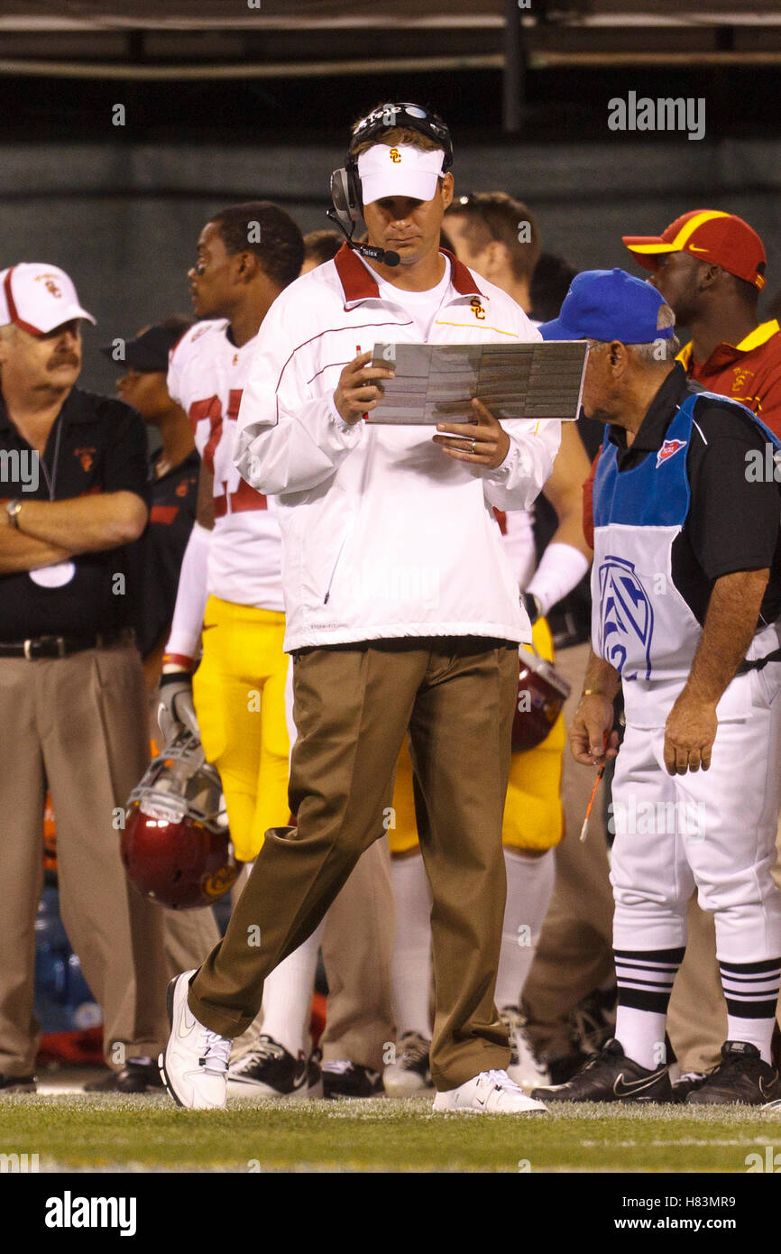 Oct 13, 2011; San Francisco CA, USA;  Southern California Trojans head coach Lane Kiffin on the sidelines against the California Golden Bears during the second quarter at AT&T Park. Stock Photo