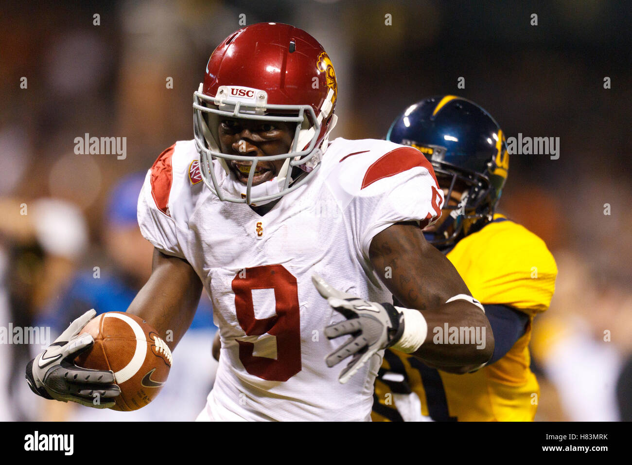Oct 13, 2011; San Francisco CA, USA;  Southern California Trojans wide receiver Marqise Lee (9) catches a pass for a touchdown in front of California Golden Bears defensive back Stefan McClure (back) during the second quarter at AT&T Park.  Southern Calif Stock Photo