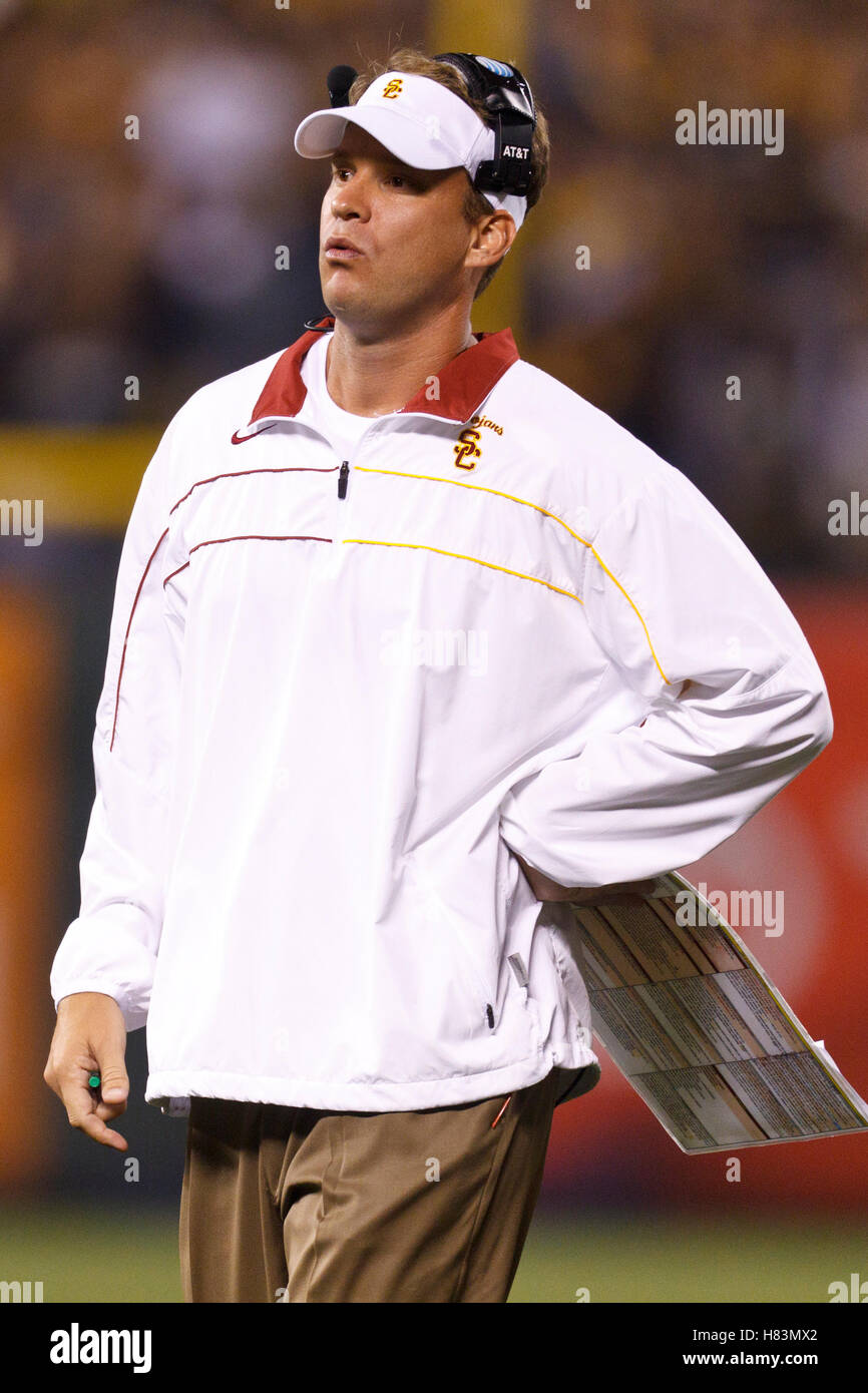 Oct 13, 2011; San Francisco CA, USA;  Southern California Trojans head coach Lane Kiffin on the sidelines against the California Golden Bears during the third quarter at AT&T Park.  Southern California defeated California 30-9. Stock Photo