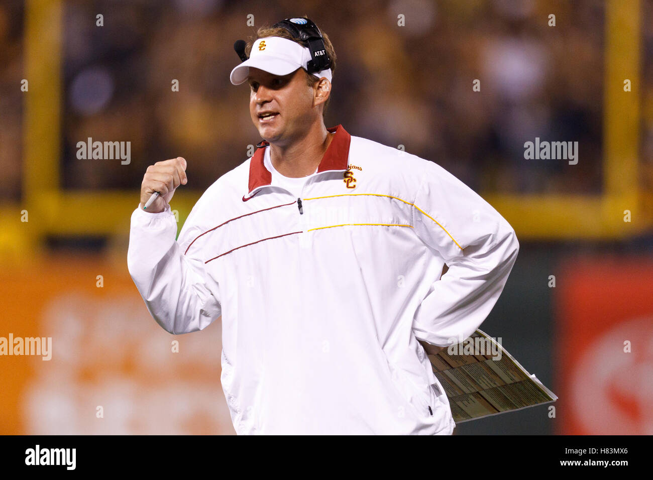 Oct 13, 2011; San Francisco CA, USA;  Southern California Trojans head coach Lane Kiffin on the sidelines against the California Golden Bears during the third quarter at AT&T Park.  Southern California defeated California 30-9. Stock Photo