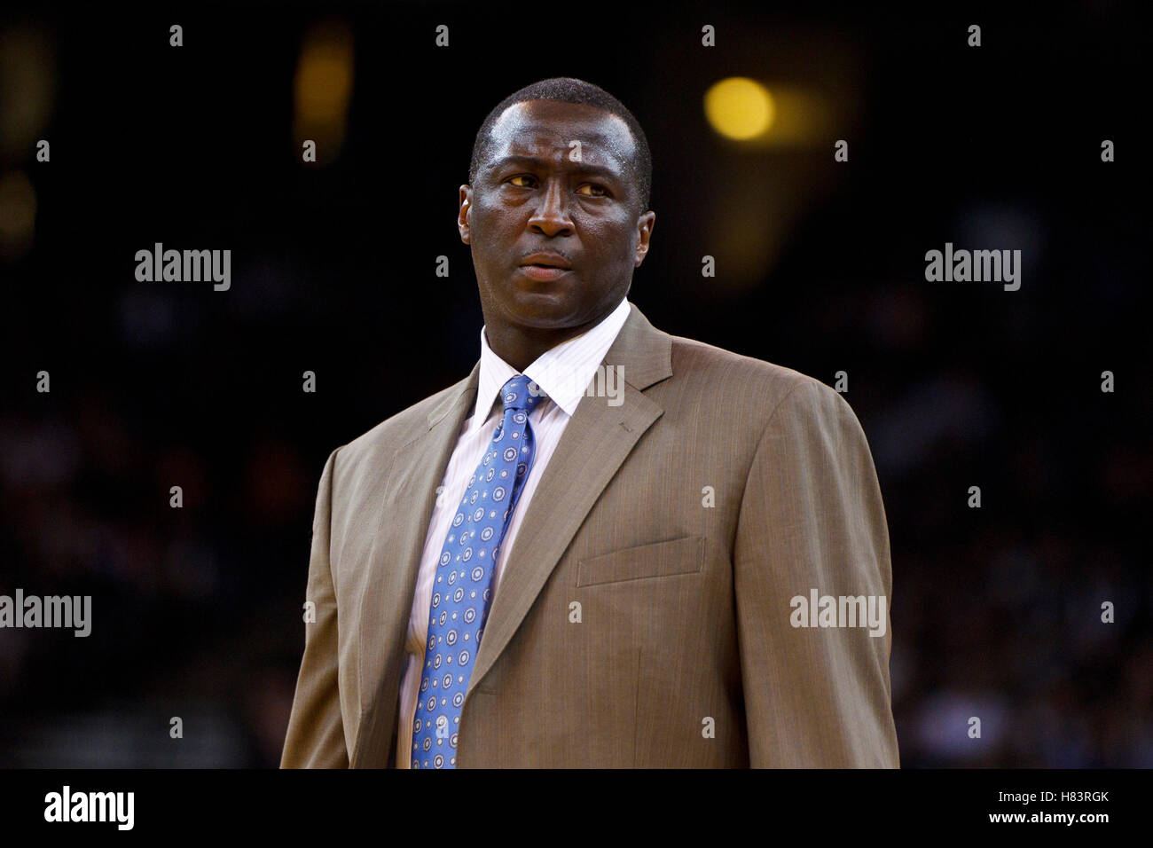 Feb 2, 2012; Oakland, CA, USA; Utah Jazz head coach Tyrone Corbin on the sidelines during the third quarter against the Golden State Warriors at Oracle Arena. Golden State defeated Utah 119-101. Stock Photo