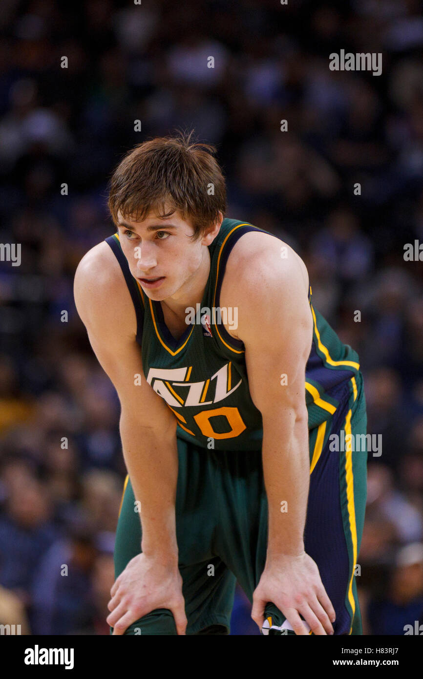 Feb 2, 2012; Oakland, CA, USA; Utah Jazz shooting guard Gordon Hayward (20) before a free throw against the Golden State Warriors during the fourth quarter at Oracle Arena. Golden State defeated Utah 119-101. Stock Photo