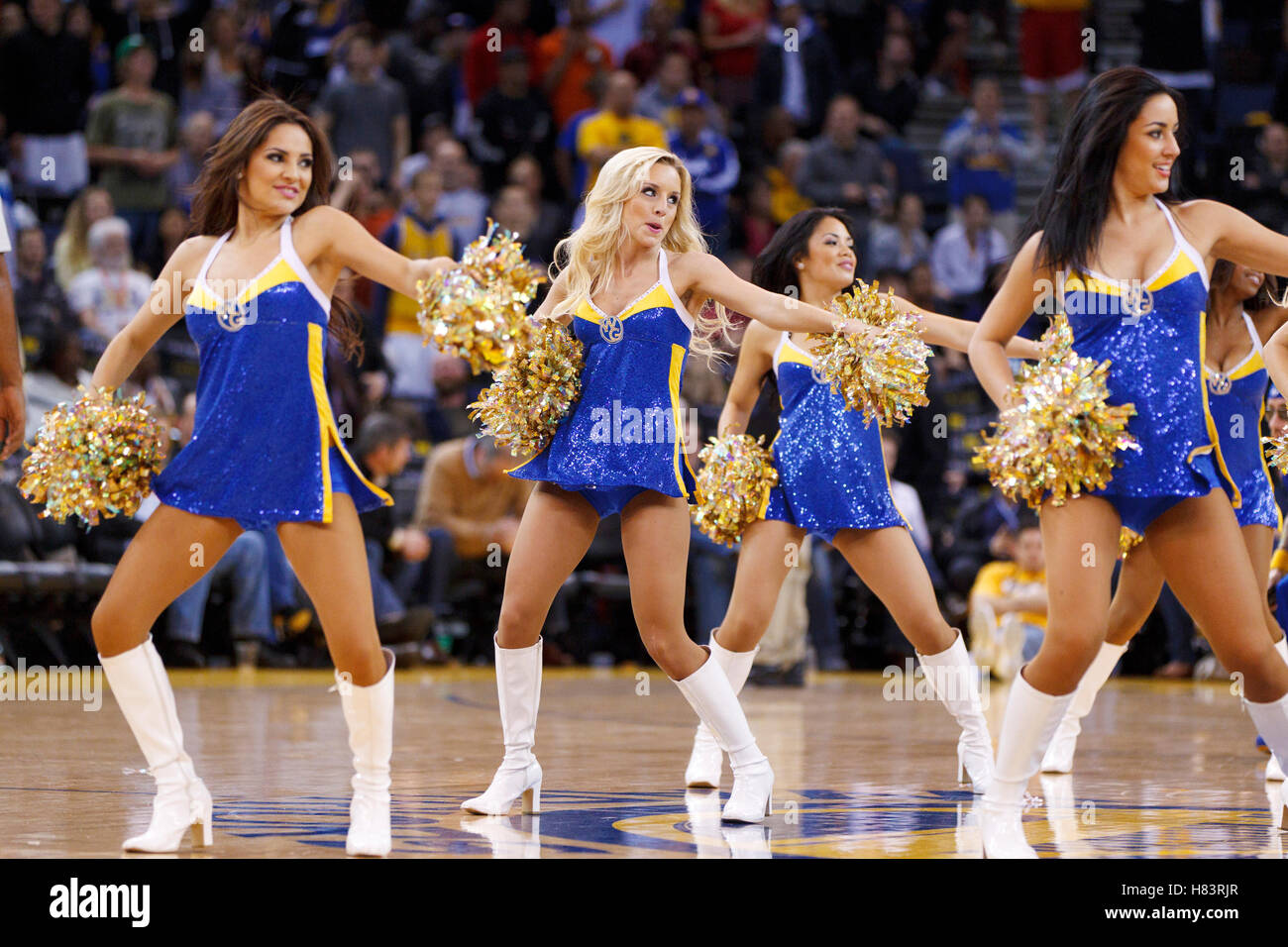 Feb 2, 2012; Oakland, CA, USA; Golden State Warriors cheerleaders perform during the fourth quarter against the Utah Jazz at Oracle Arena. Golden State defeated Utah 119-101. Stock Photo