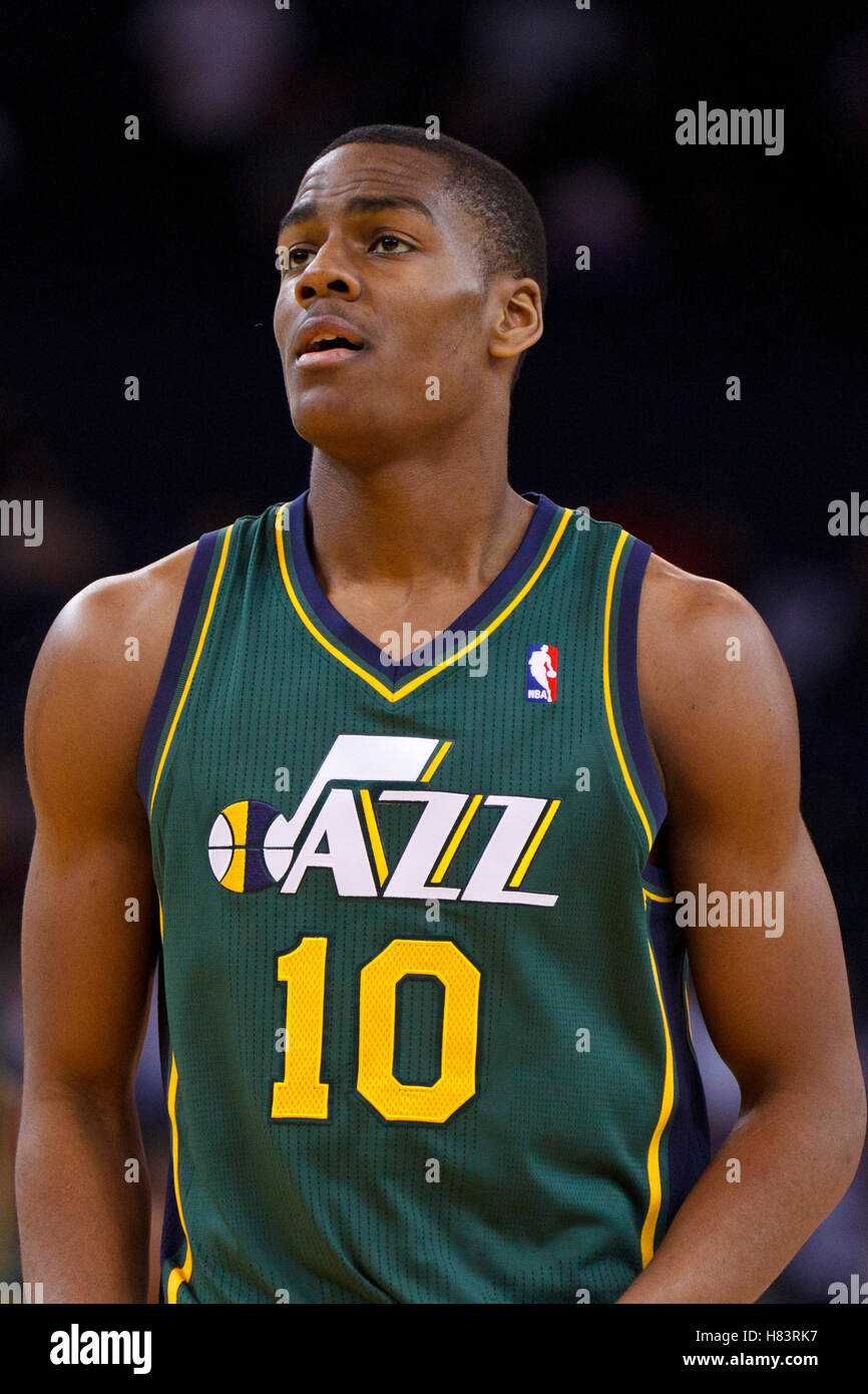 Feb 2, 2012; Oakland, CA, USA; Utah Jazz guard Alec Burks (10) during a stoppage in play against the Golden State Warriors during the fourth quarter at Oracle Arena. Golden State defeated Utah 119-101. Stock Photo