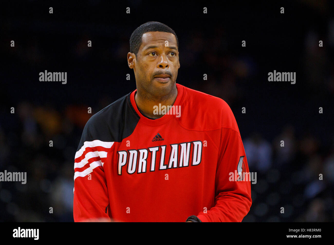 Feb 15, 2012; Oakland, CA, USA; Portland Trail Blazers center Marcus Camby (23) warms up before the game against the Golden State Warriors at Oracle Arena. Portland defeated Golden State 93-91. Stock Photo