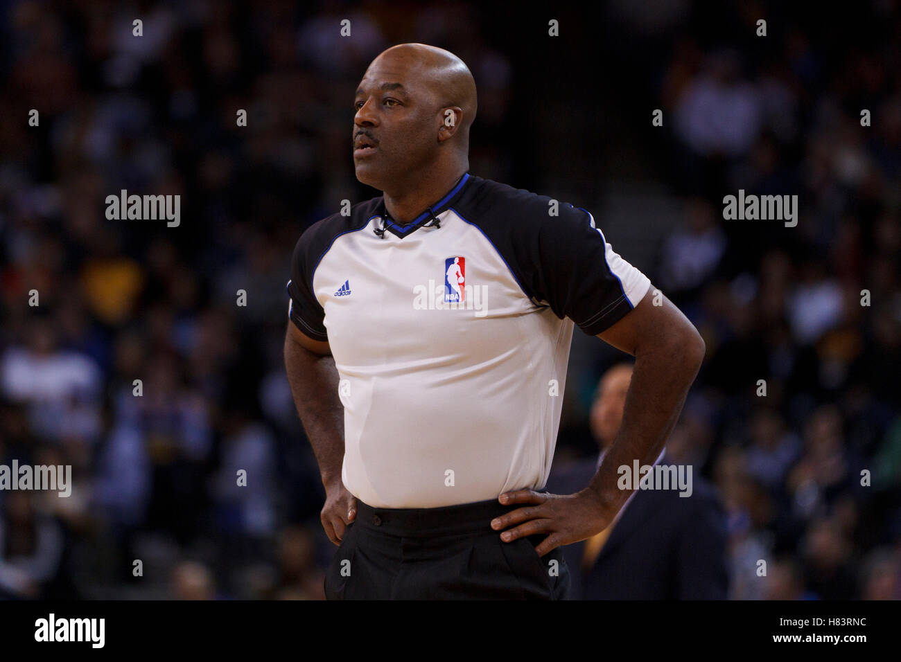Feb 15, 2012; Oakland, CA, USA; NBA referee Haywoode Workman (66) during the second quarter between the Golden State Warriors and the Portland Trail Blazers at Oracle Arena. Portland defeated Golden State 93-91. Stock Photo