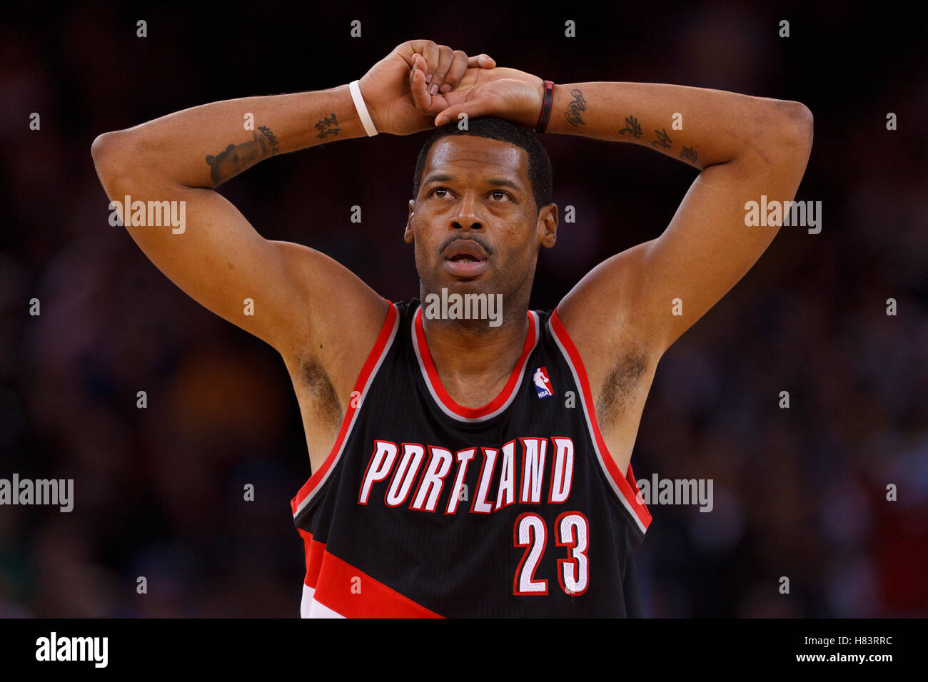 Feb 15, 2012; Oakland, CA, USA; Portland Trail Blazers center Marcus Camby (23) during a stoppage in play against the Golden State Warriors during the fourth quarter at Oracle Arena. Portland defeated Golden State 93-91. Stock Photo