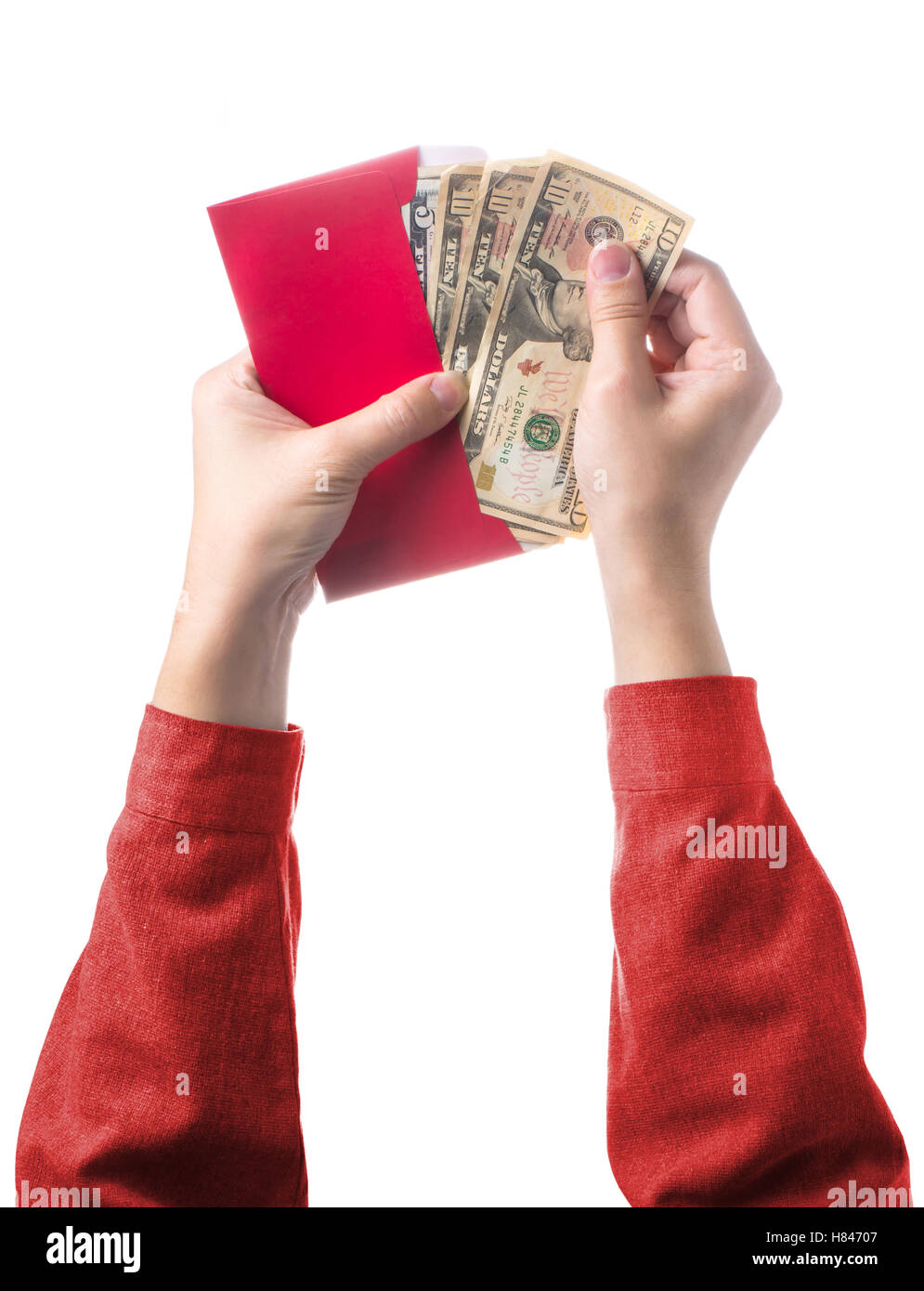 Money Cash in Red Envelope isolated on White Background. Chinese