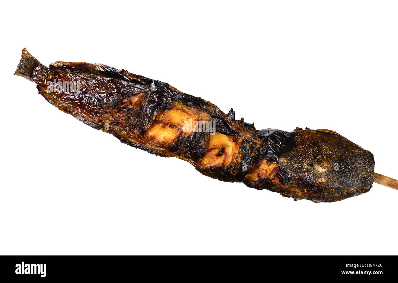 Grilled catfish with bamboo sticks, isolated on white background Stock