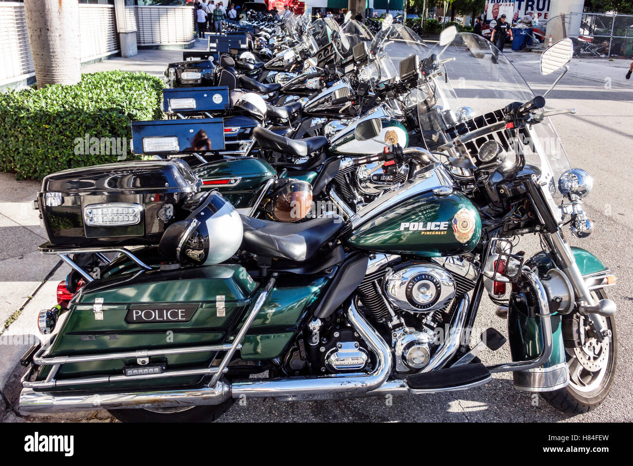 Miami Florida,police motorcycles,Harley-Davidson,visitors travel traveling tour tourist tourism landmark landmarks culture cultural,vacation group peo Stock Photo