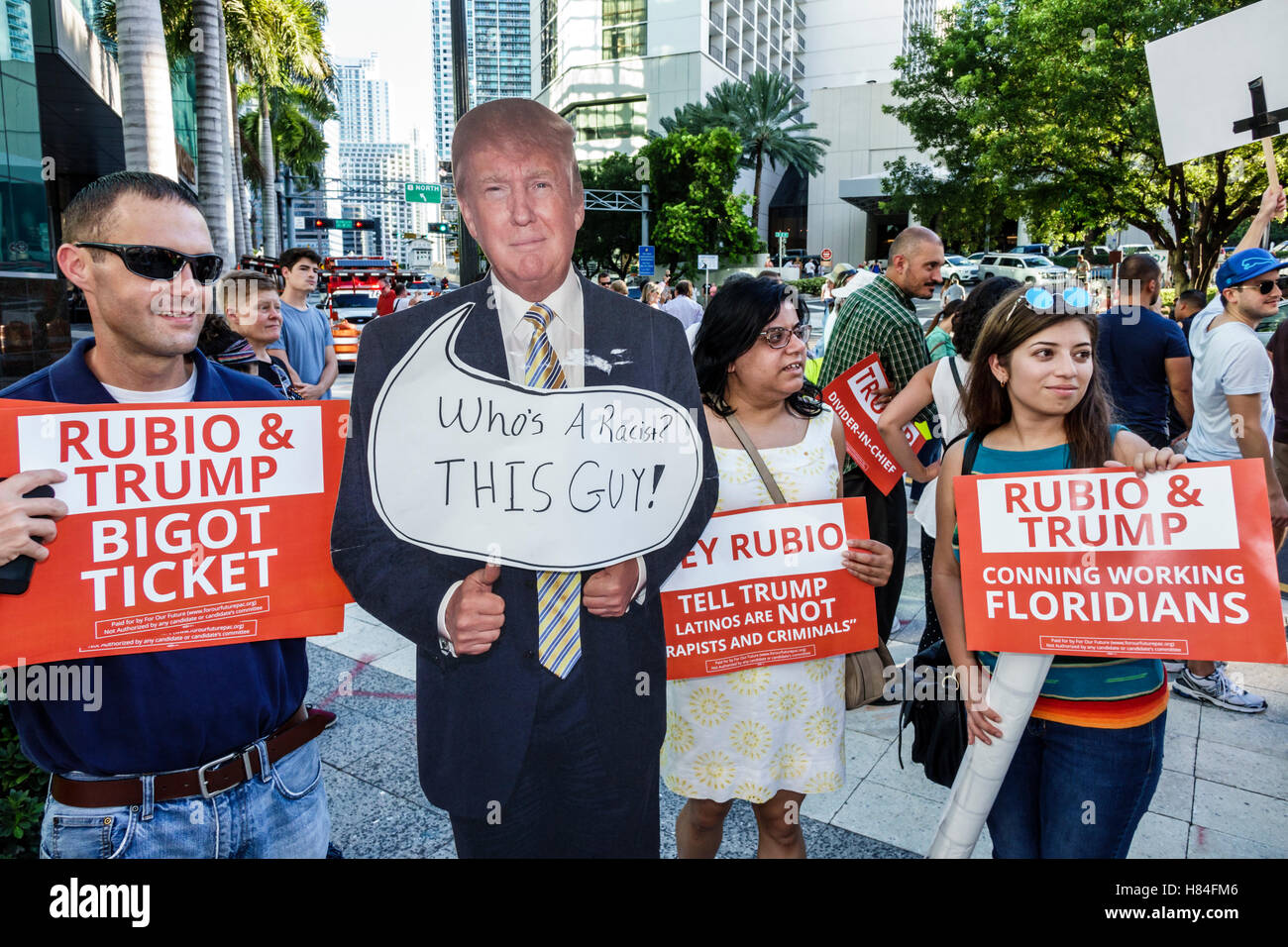 Miami Florida protesters signs protest 2016 presidential campaign Stock