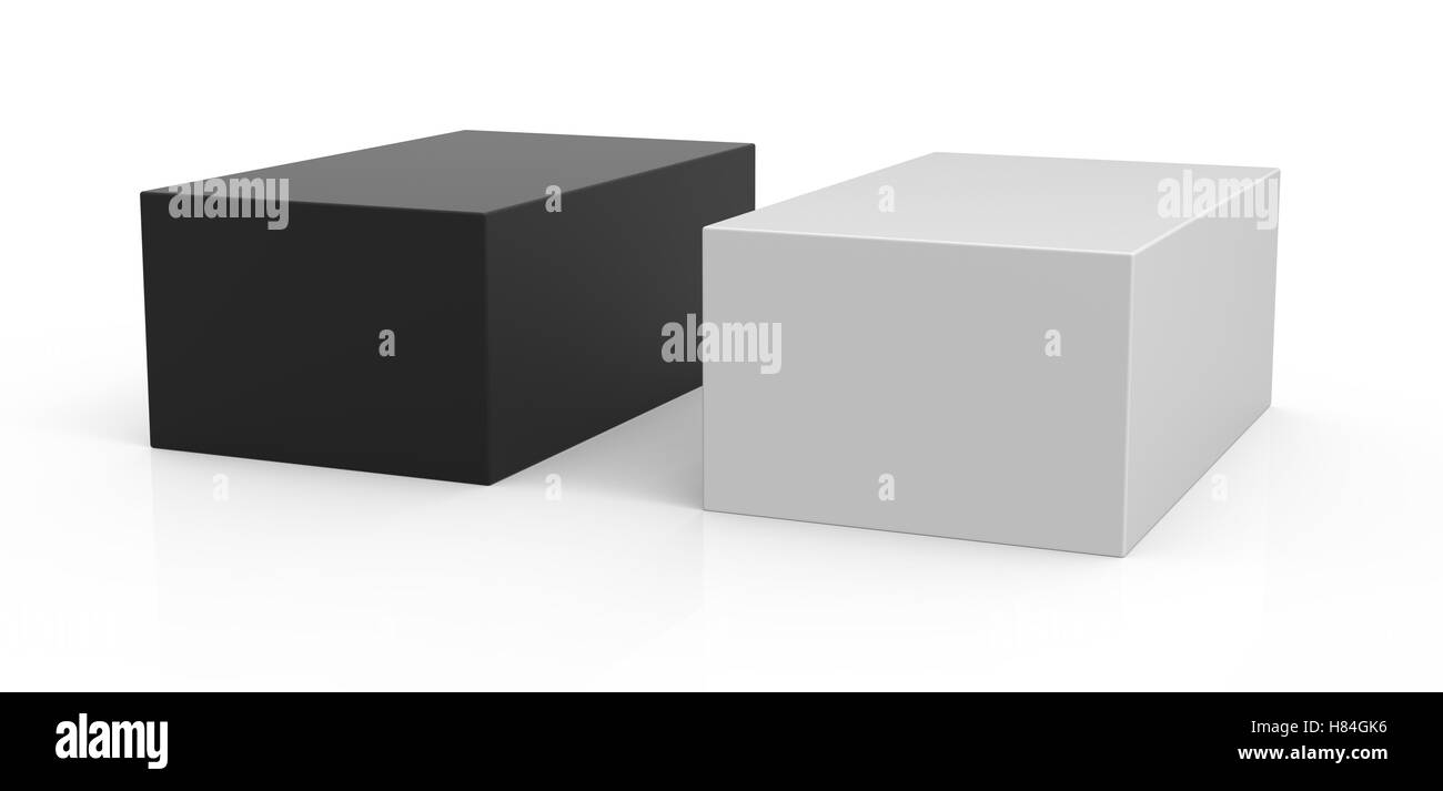 one white box and one black box packaging template, 3d rendering white background Stock Photo
