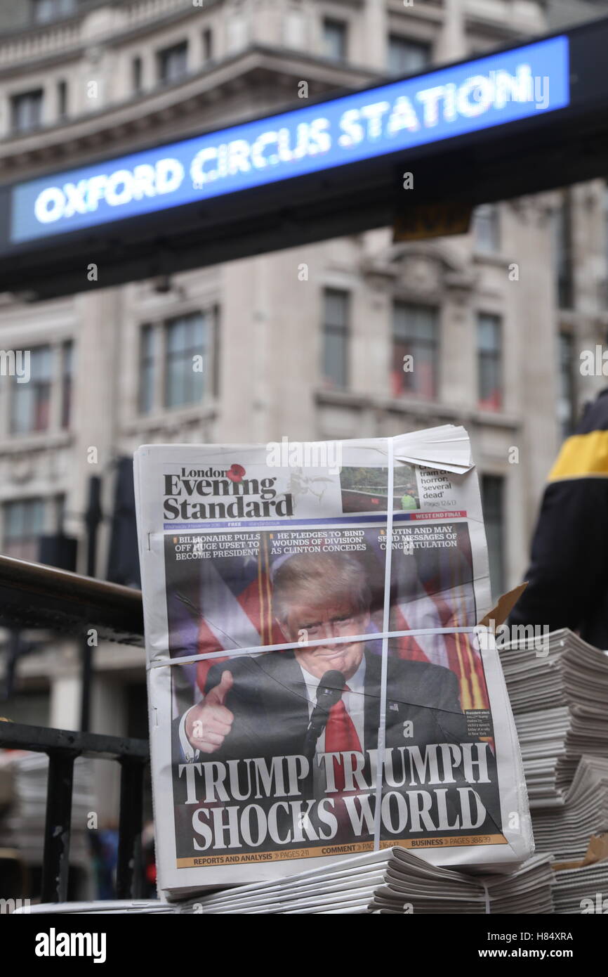 London Evening Standard announces the victory of Donald Trump on its front page, on display in Oxford Street London. Stock Photo