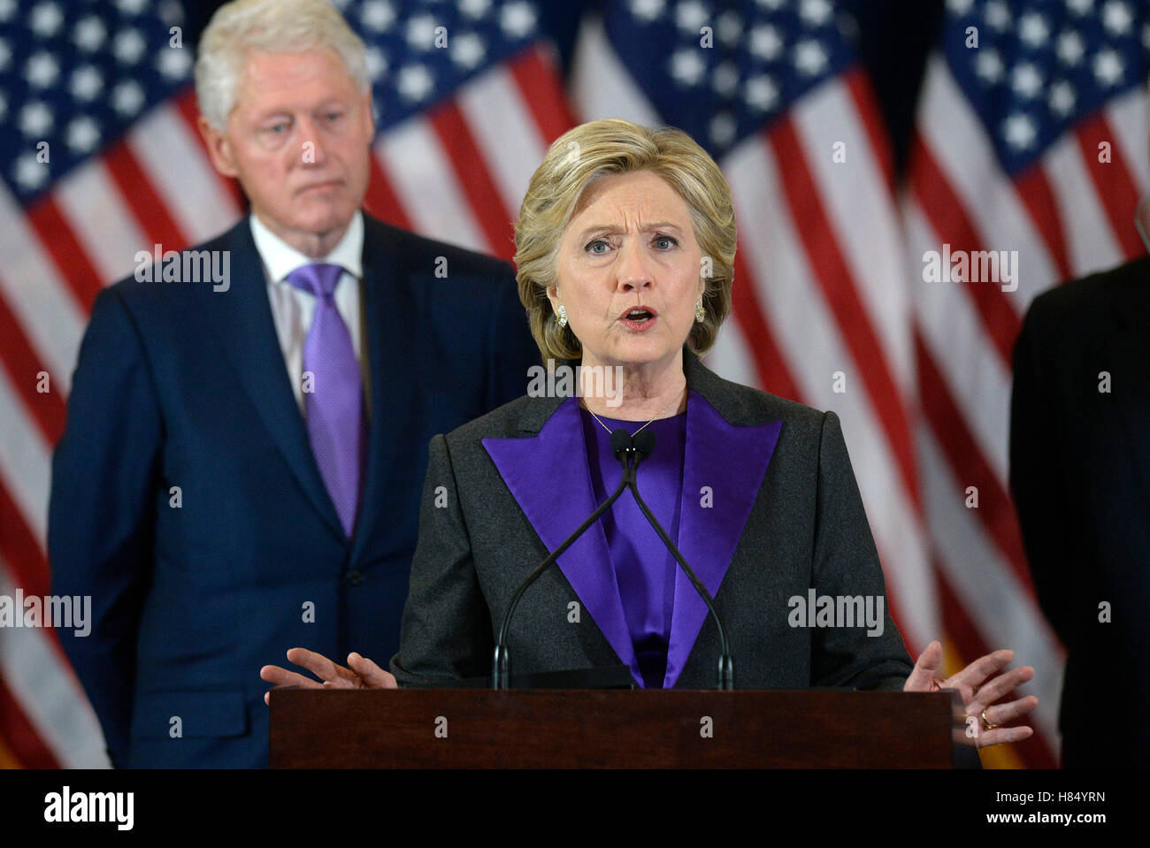 New York, USA. 9th November, 2016. Democratic Presidential candidate Hillary Clinton delivers her concession speech Wednesday, from the New Yorker Hotel's Grand Ballroom in New York, NY, on November 9, 2016. Credit: Olivier Douliery/Pool via CNP /MediaPunch Credit:  MediaPunch Inc/Alamy Live News Stock Photo