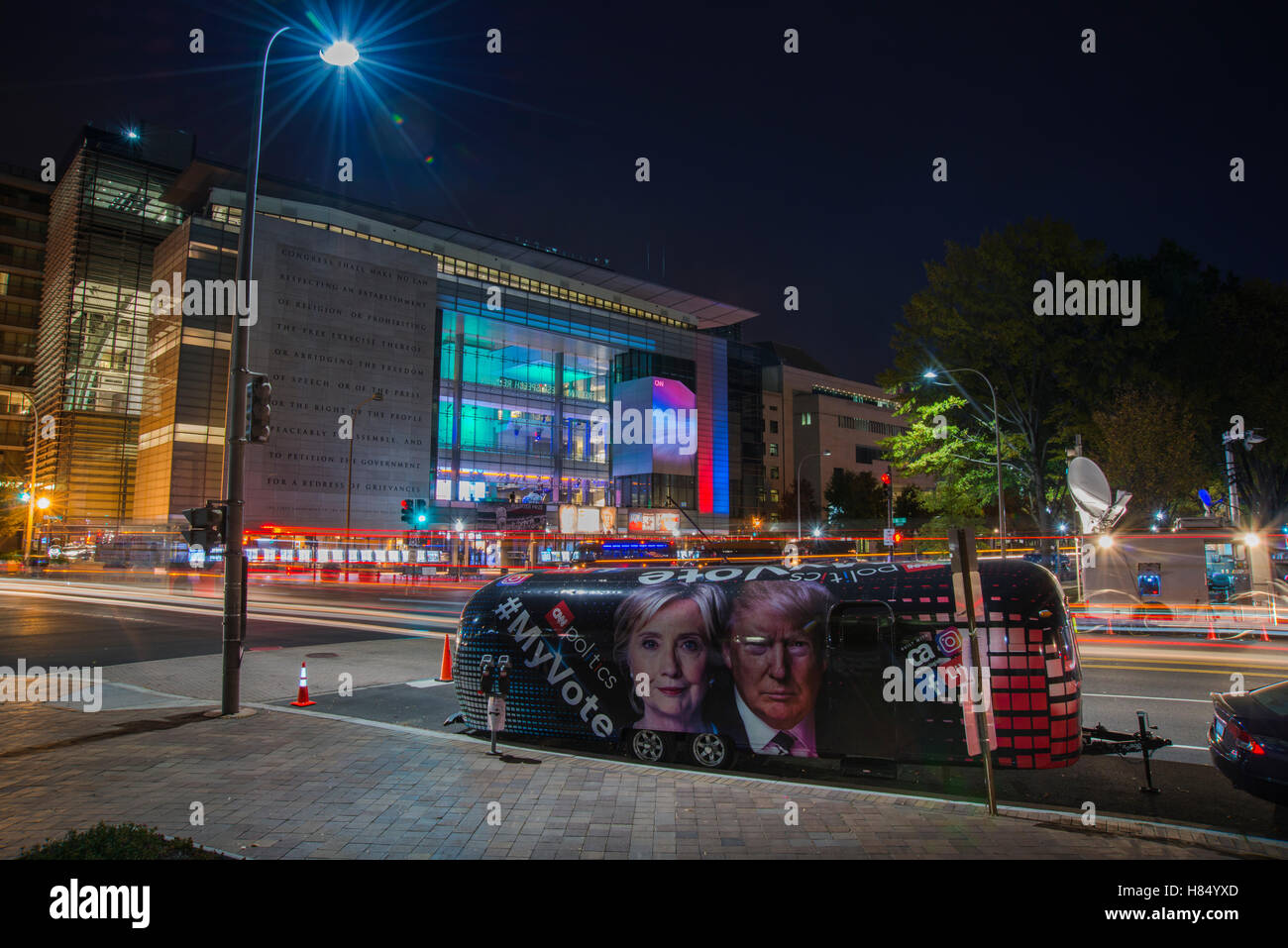 Washington DC, USA. 09th Nov, 2016. My Vote, CNN Politics trailer with Presidential candidates along Pennsylvania ave  in front of Newseum during election night on Nov 8th,. Washington DC, 2016. Stock Photo