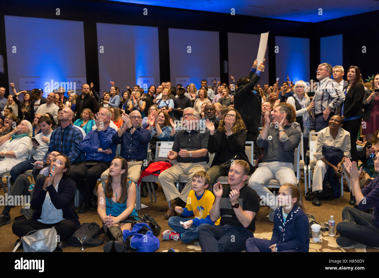 Seattle, Washington, USA. 8th November, 2016. Supporters cheer live election results at the Washington State Democrats Election Night Party. Credit:  Paul Gordon/Alamy Live News Stock Photo