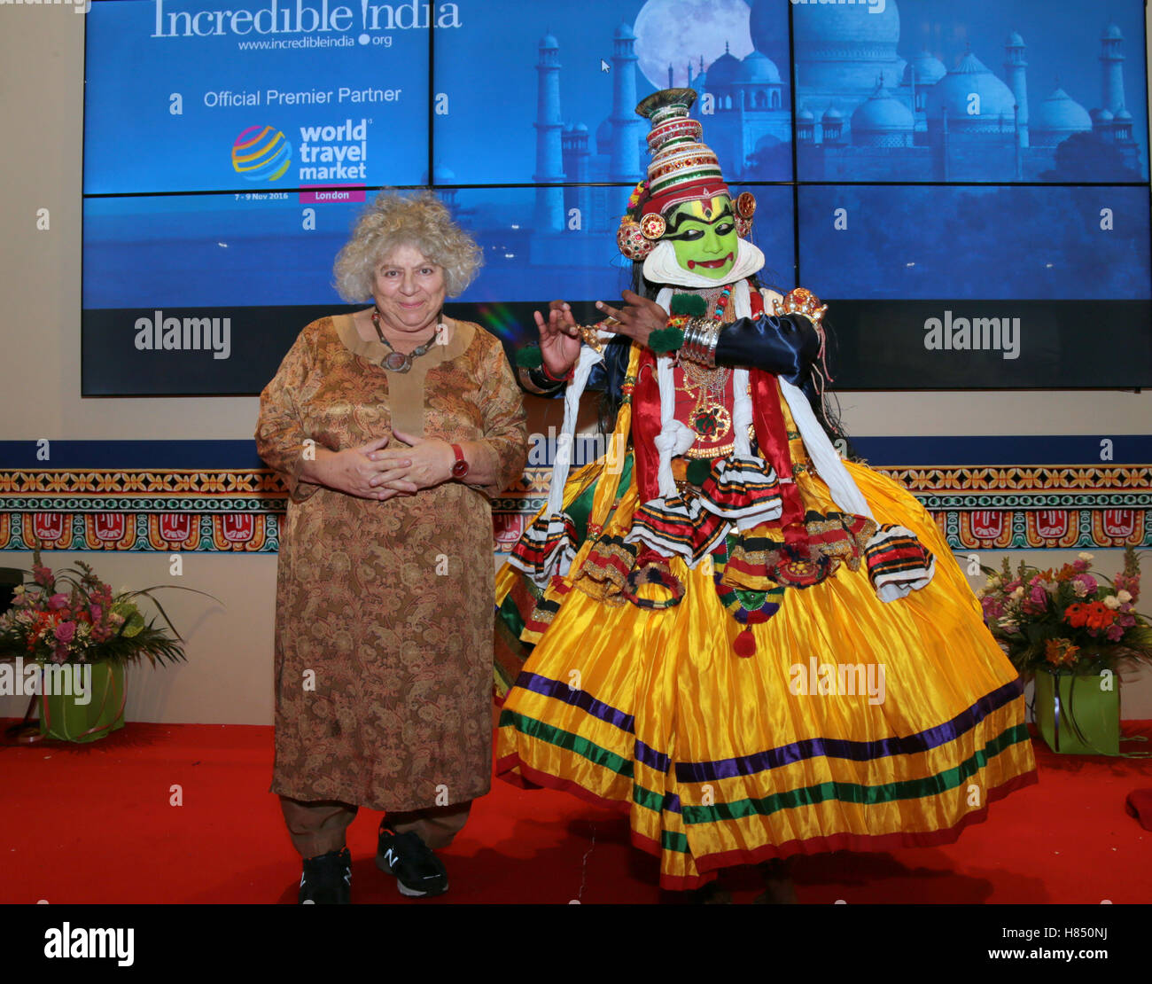 London, UK. 9th Nov, 2016. Miriam Margoyles best know as professor Pomona Sprout, Head of Hufflepuff House and head of the Herbology department at Hogwarts School of Witchcraft and Wizardry posing in the stage with Kathakali, one of the major forms of classical Indian dance  Credit:  Paul Quezada-Neiman/Alamy Live News Stock Photo