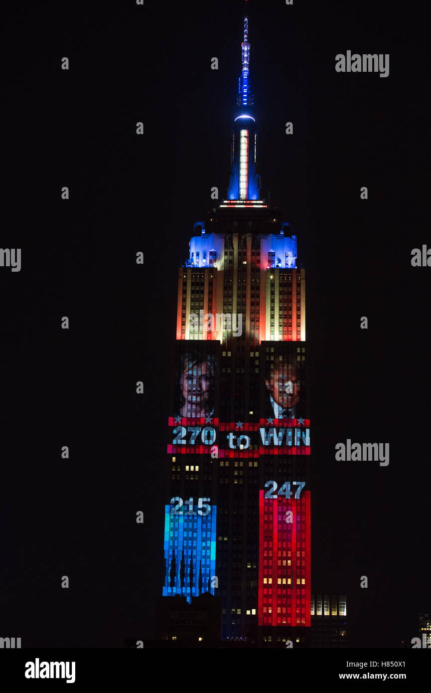 New York, New York, USA. 9th Nov, 2016. The 2016 Presidential Election results are projected on the Empire State Building, November 8, 2016 in New York. © Bryan Smith/ZUMA Wire/Alamy Live News Stock Photo