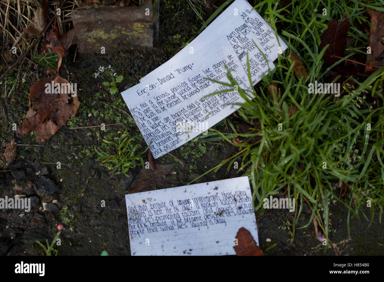 Shaws Rd, Belfast  UK. 10th November   2016. A day after the Election Victory  of President Elect Donald J Trump, A student's discarded English homework Cue Cards are found on a street in Belfast. The cards describes Mr Trump values as Bigoted and not a serious political figure like Barack Obama Stock Photo
