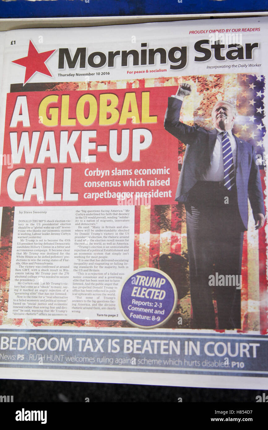 London, UK. 10th Nov, 2016. Front cover of Morning Star. British newspapers reaction to the US presidential election results Credit:  Dinendra Haria/Alamy Live News Stock Photo