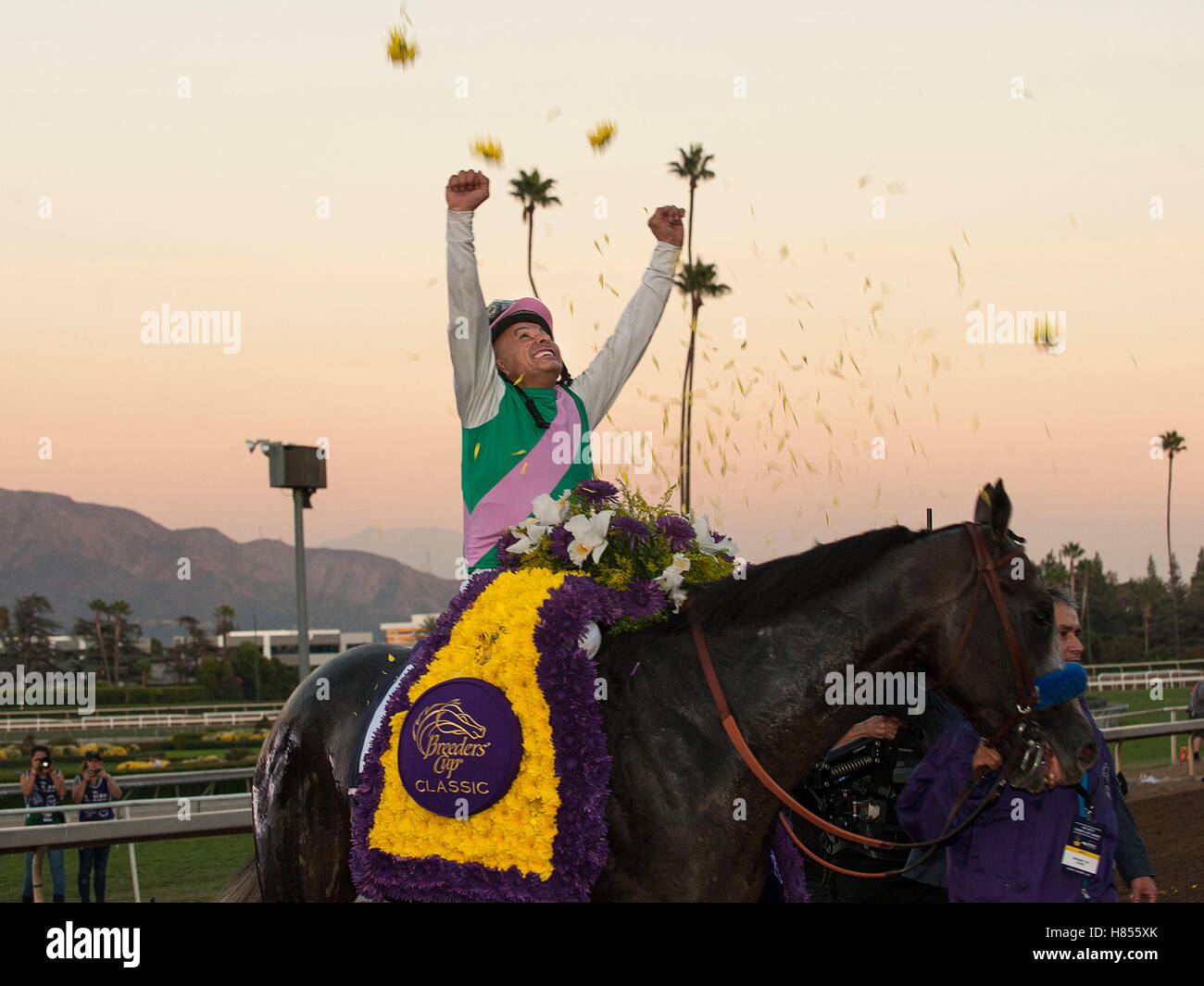 05.11.2016. Santa Anita, CA, USA. Mike Smith Aboard Arrogate Celebrates ...