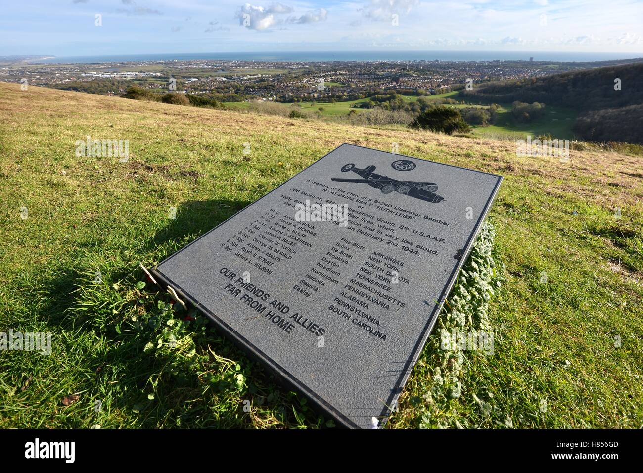 Eastbourne, UK. 10th November 2016. The day before Remembrance day the grave and memorial to American airmen  on the South Downs above Eastbourne is desecrated by 'night hawks' - illegal metal detectorists, looking for metal to plunder. Credit:  Peter Cripps/Alamy Live News Stock Photo