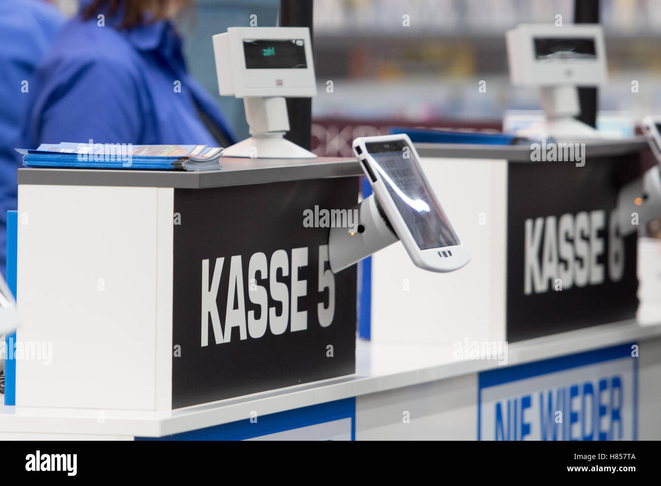 Checkout desks in a branch of the German electronic goods chain Saturn in Ingolstadt, Germany, 08 November 2016. Photo: Armin Weigel/dpa Stock Photo