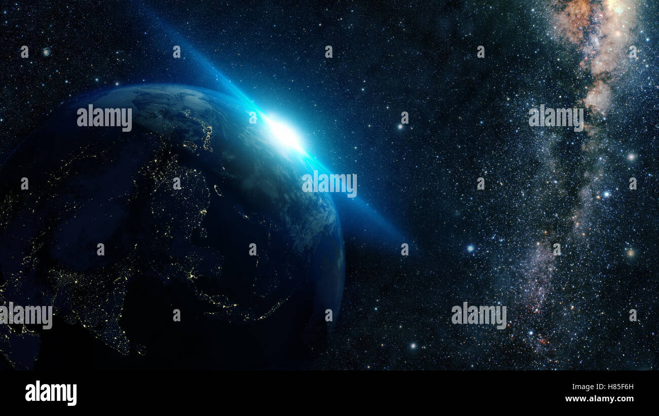 blue Sunrise over earth as seen from space. With stars background Stock ...