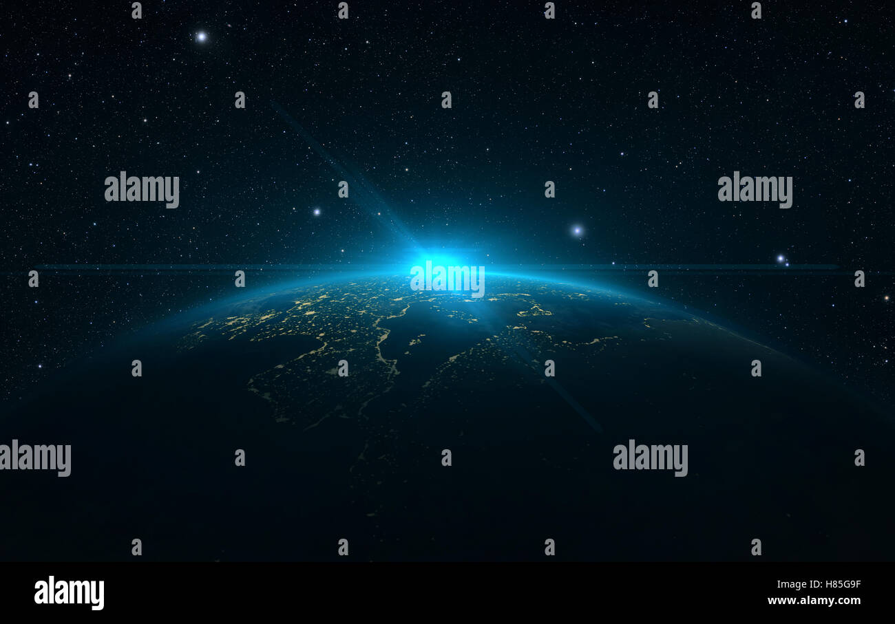 blue Sunrise over earth as seen from space. With stars background Stock ...