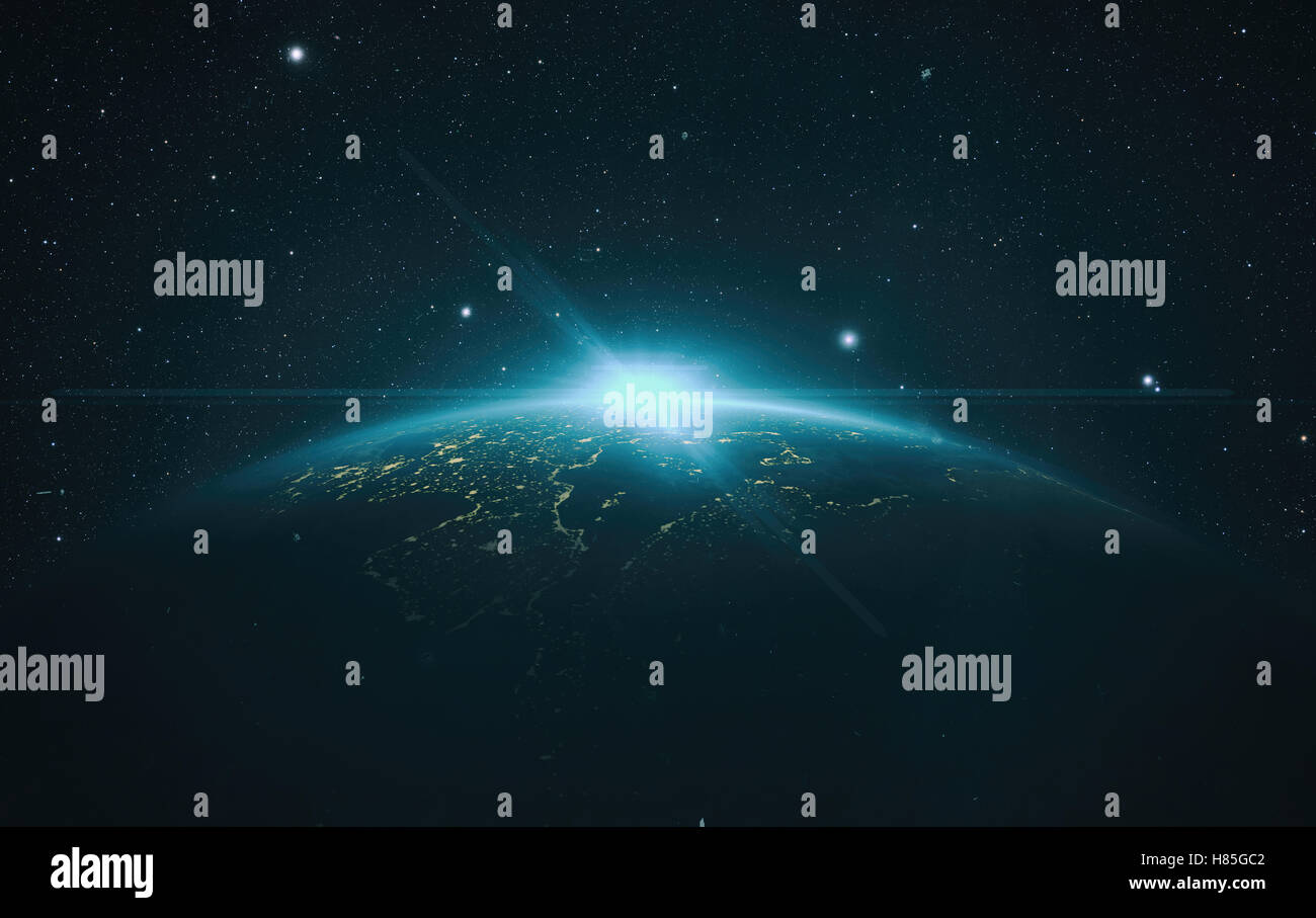 blue Sunrise over earth as seen from space. With stars background Stock ...