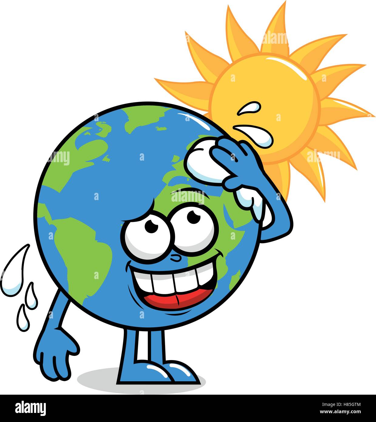 Cartoon planet earth character in front of a burning sun wiping sweat and getting hot. Stock Vector