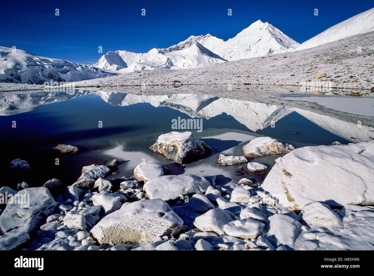 Kangshung Face reflection in glacial pond, Mount Everest, Tibet Stock