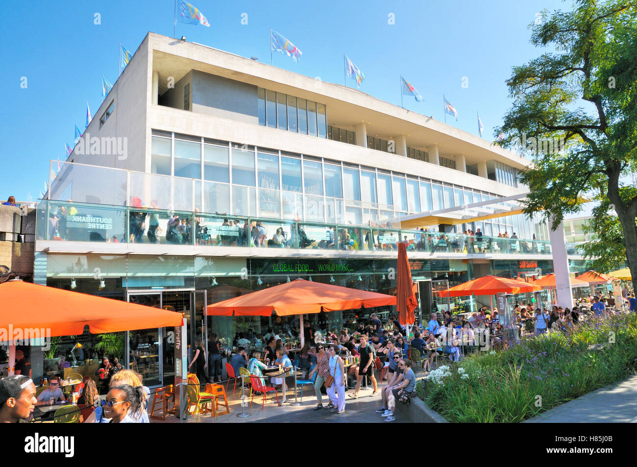 Cafes and restaurants outside the Royal Festival Hall, Southbank Centre, London, England, UK Stock Photo