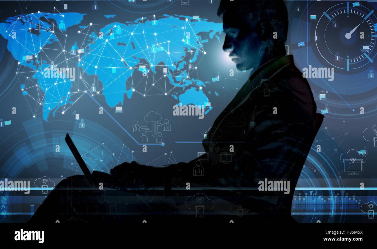 Man with laptop in social data management Stock Photo - Alamy