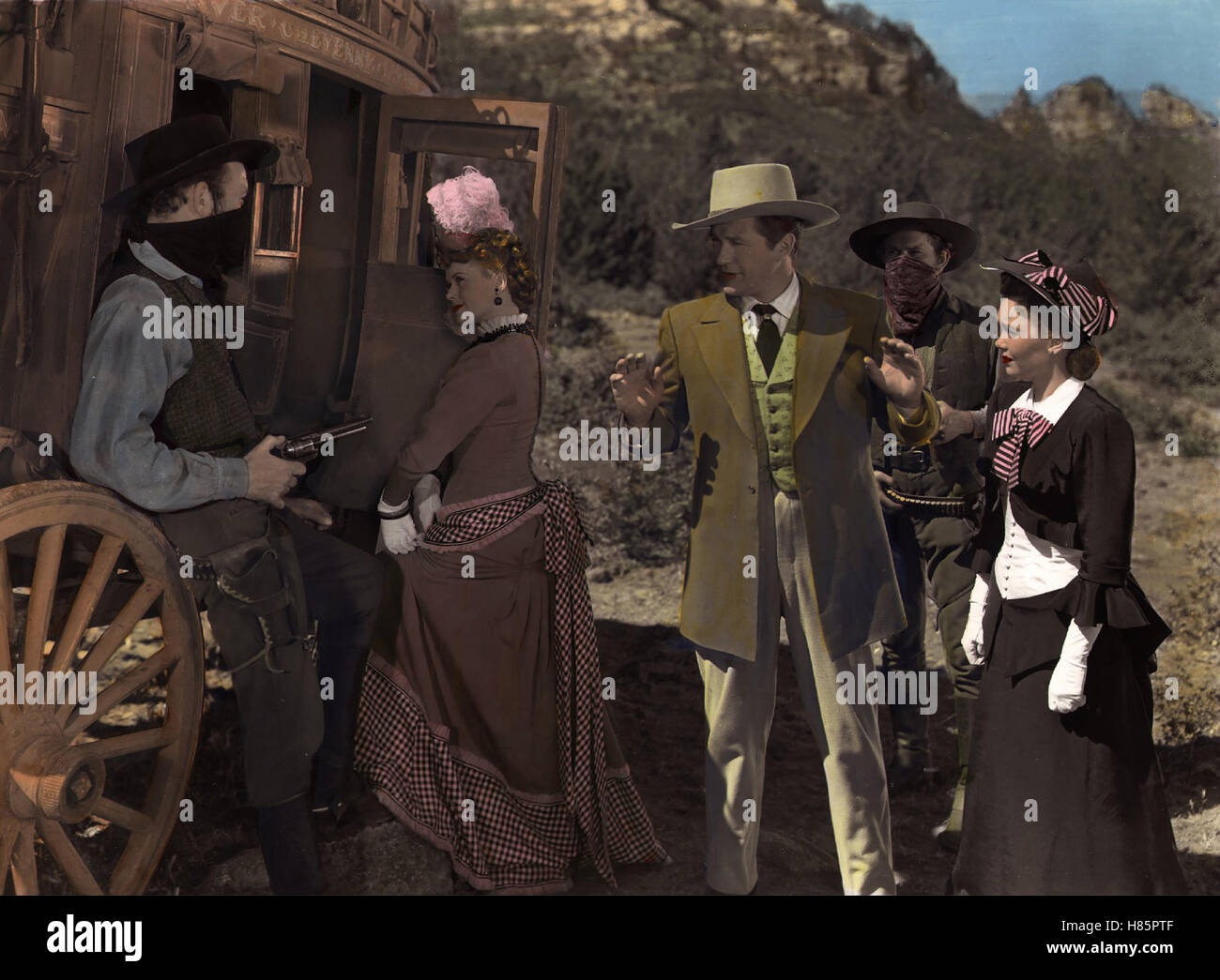 Wyoming-Express, (CHEYENNE - THE WYOMING KID) USA 1947, Regie: Raoul Walsh, JANIS PAIGE, DENNIS MORGAN, JANE WYMAN, Stichwort: Überfall, Hände hoch, Pistole, Postkutsche Stock Photo