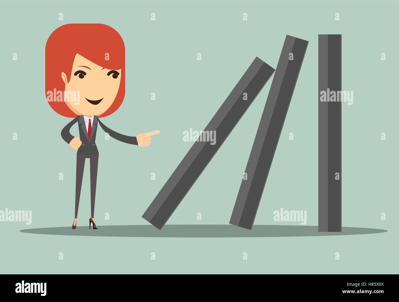 Business woman toppling dominoes . Domino effect. Stock vector illustration Stock Vector