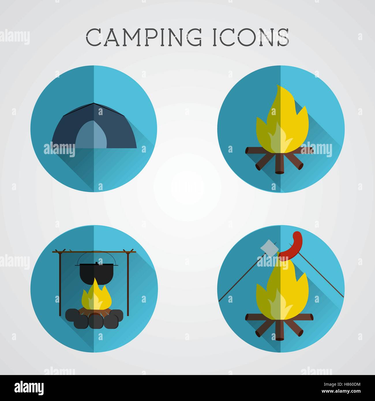 Set of camping symbols and icons. Flat design on blue buttons