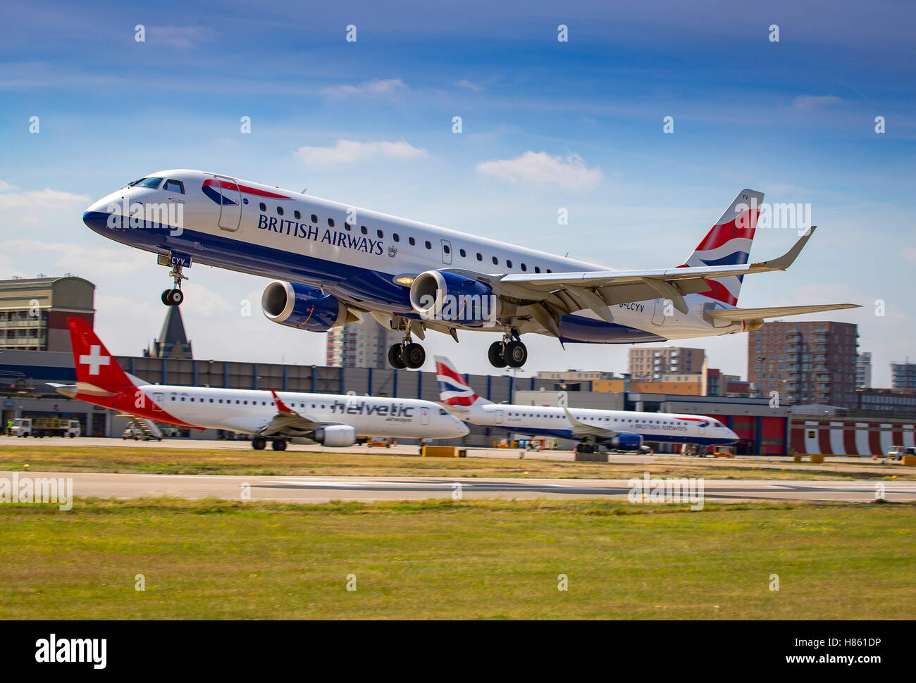 British Airways City Flyer aircraft departing London City Airport Stock Photo