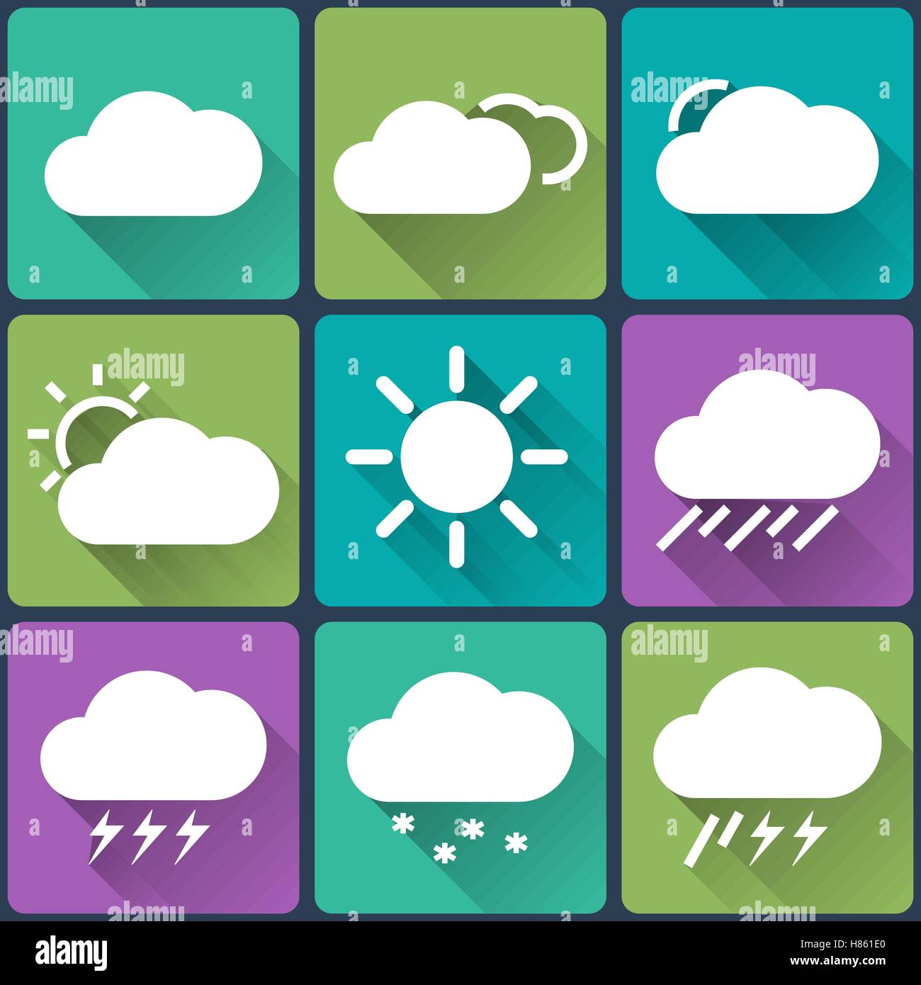 Weather flat icons set on multicolor background buttons. Seasons theme ...