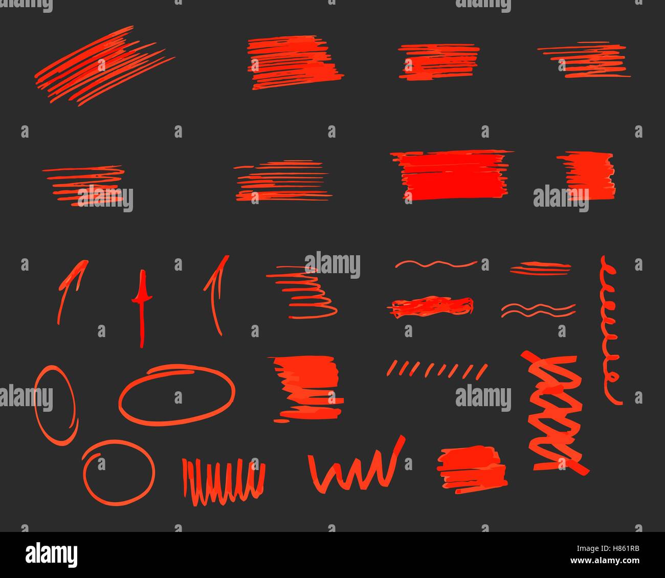 Different design elements, brush strokes isolated on grey background